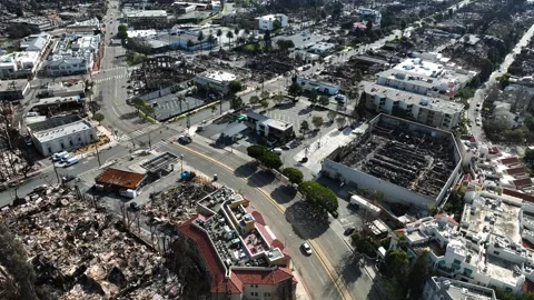 Aerial view rotating over burnt buildings in downtown Pacific Palisades, LA Vídeos de archivo 305666310