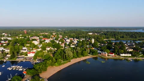 Aerial view rotating toward the beach and old town of Ekenas, summer in Finland 库存影片 336701921