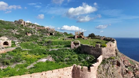 Aerial view of the rotunda and upper town ruins with ancient fortress walls Video stock 302074322
