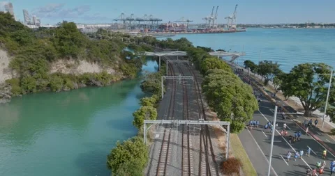 Aerial view of Round the bays fun run along a coastal road in Auckland, New Video stock 303444936