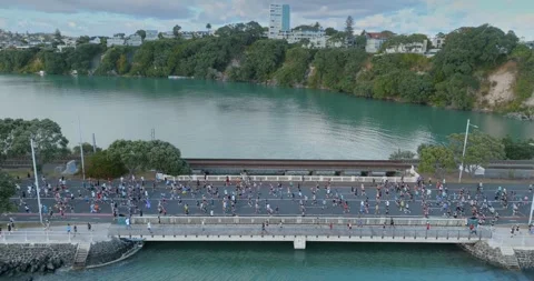 Aerial view of Round the bays fun run along a coastal road in Auckland, New Stock-Footage 303444970