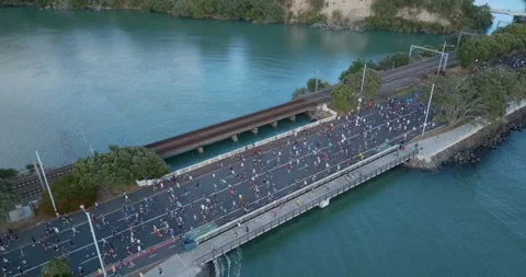 Aerial view of Round the bays fun run along a coastal road in Auckland, New Stock-Footage 303445647