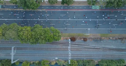 Aerial view of Round the bays fun run along a coastal road in Auckland, New Stock-Footage 303447386