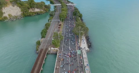Aerial view of Round the bays fun run along a coastal road in Auckland, New Stock-Footage 303447714