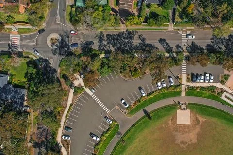 Aerial view of roundabout intersection and car park Stock Photos