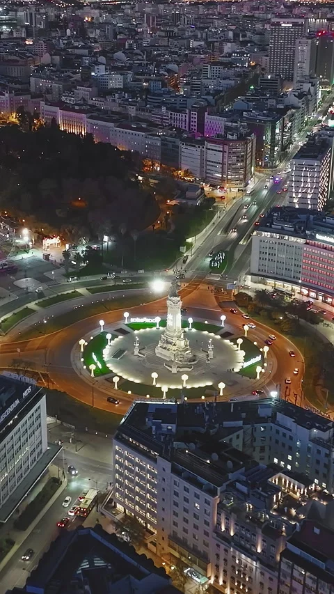 Aerial view of roundabout at night. Lisbon, Portugal Stock Footage 320885663