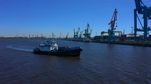 Aerial view of a row of construction or cargo cranes on the river bank 스톡 동영상 136150981