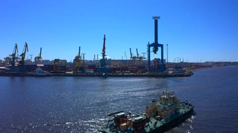 Aerial view of a row of construction or cargo cranes on the river bank 스톡 동영상 136152299