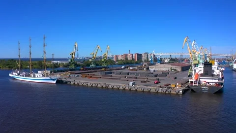 Aerial view of a row of construction or cargo cranes on the river bank Video stock 136166314