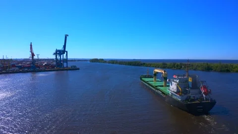 Aerial view of a row of construction or cargo cranes on the river bank 스톡 동영상 136169748