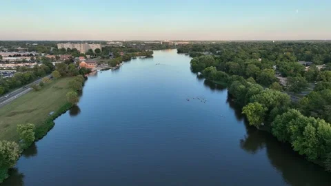 Aerial View of Rowers Practicing on Cooper River in Pennsauken New Jersey Stock Footage 218277279
