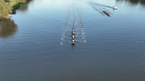 Aerial View of Rowers Practicing on Cooper River in Pennsauken New Jersey Stock Footage 218277356
