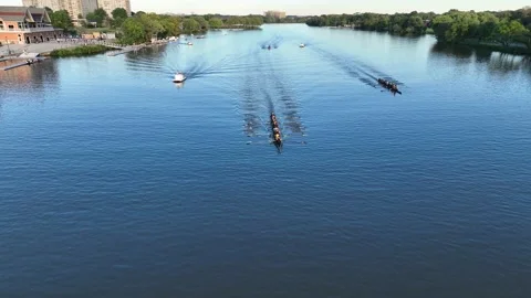 Aerial View of Rowers Practicing on Cooper River in Pennsauken New Jersey Stock Footage 218277359