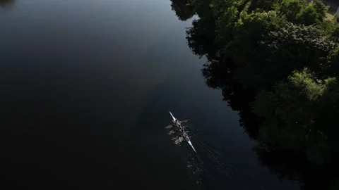 Aerial view of rowing boat on River Lune, United Kingdom. Stock Footage 344964669