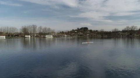 Aerial view of rowing boat training on a pond Stock Footage 106400025