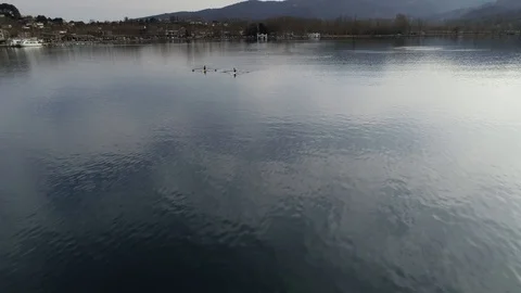 Aerial view of rowing boat training on a pond Stock Footage 106400090