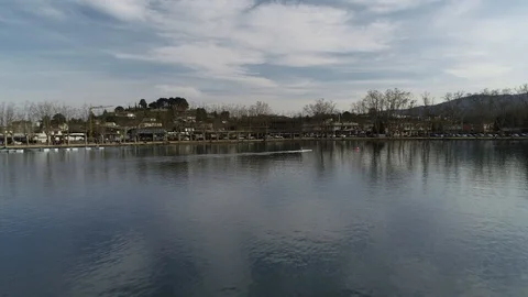 Aerial view of rowing boat training on a pond Stock Footage 106400166