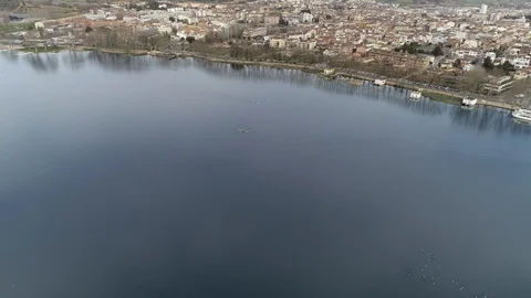 Aerial view of rowing boat training on a pond Stock Footage 106400428