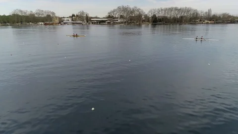 Aerial view of rowing boat training on a pond Stock Footage 106400822