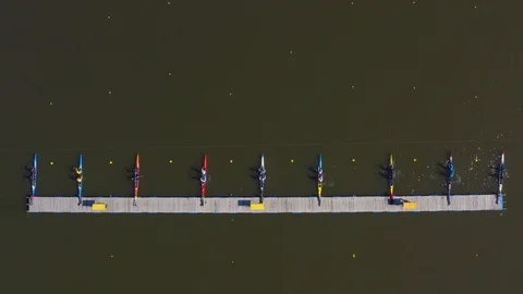 Aerial view of rowing competition in the rowing channel Stock Footage 107373391