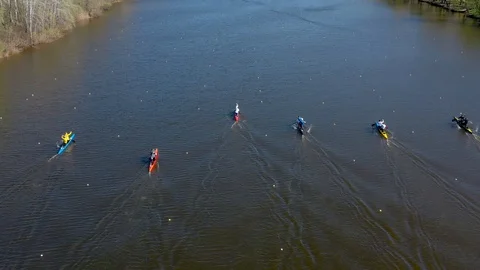 Aerial view of rowing competition in the rowing channel Stock Footage 107373499