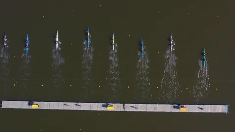 Aerial view of rowing competition in the rowing channel Stock Footage 107375021