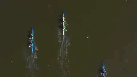 Aerial view of rowing competition in the rowing channel Stock Footage 107375085