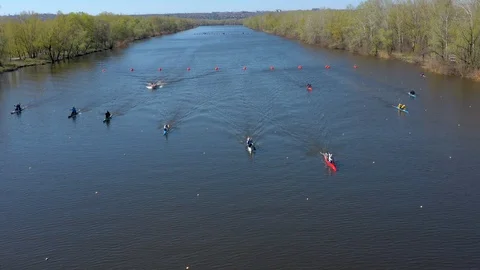 Aerial view of rowing competition in the rowing channel Stock Footage 107375291
