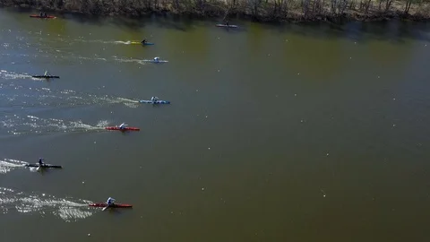 Aerial view of rowing competition in the rowing channel Stock Footage 107375608
