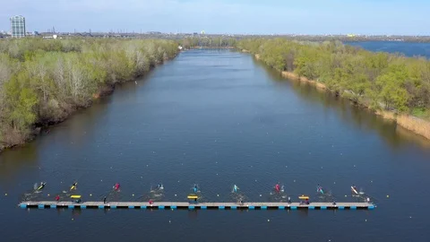 Aerial view of rowing competition in the rowing channel Stock Footage 107375821