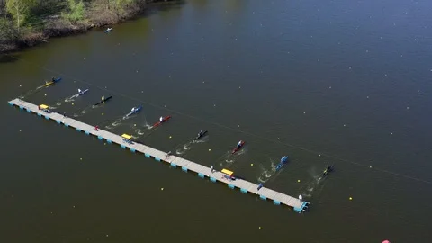 Aerial view of rowing competition in the rowing channel Stock Footage 107375840