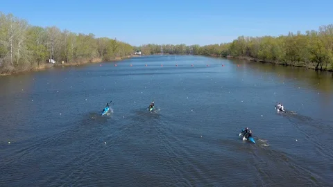 Aerial view of rowing competition in the rowing channel Stock Footage 107375923