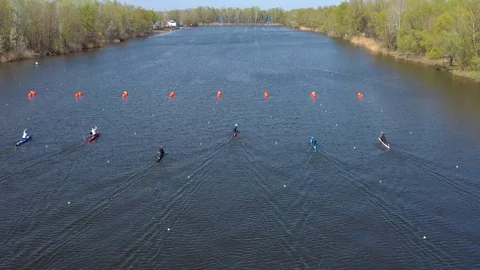 Aerial view of rowing competition in the rowing channel Stock Footage 107376150