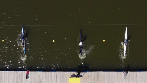 Aerial view of rowing competition in the rowing channel Stock Footage 107376343