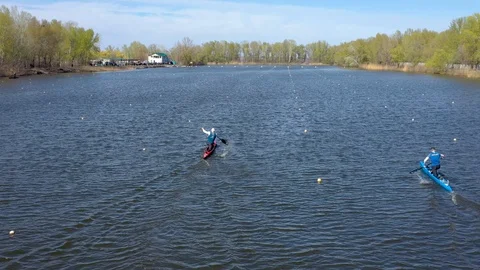 Aerial view of rowing competition in the rowing channel Stock Footage 107376490