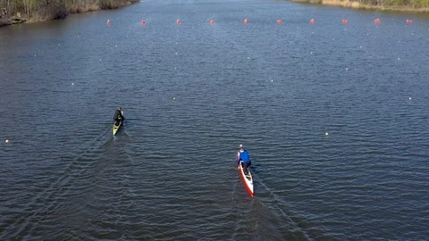 Aerial view of rowing competition in the rowing channel Stock Footage 107377507