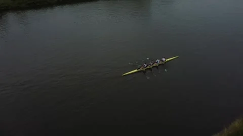 Aerial View of Rowing Crew Practicing on a Calm River in Gent, Belgium Stock Footage 279379581