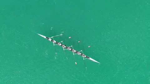 Aerial View of Rowing Eight on Lake Bled, Slovenia Vídeo Stock 345579658