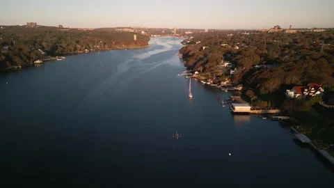 Aerial view Rowing Practice at Sunrise in Nova Scotia Canada, Halifax. Stock Footage 282182729