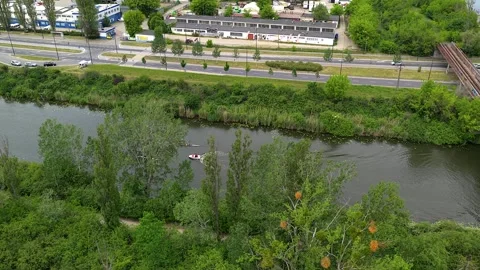 Aerial view of rowing team training on the river in warsaw, poland Stock Footage 341110554