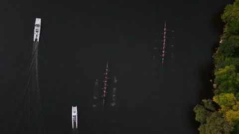 Aerial view of rowing teams and motorboats on the Charles River near Harvard Stock Footage 346359273