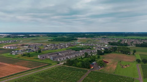 Aerial view of Rows of apple trees growing in a well-maintained orchard under a Stock Footage 342689634