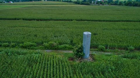 Aerial View for Rows of Corn Growing and Farms with a Water Tower Stock Photos