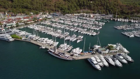 Aerial view of rows of yachts in Marmaris Marina, Turkey Stock Footage 252131911