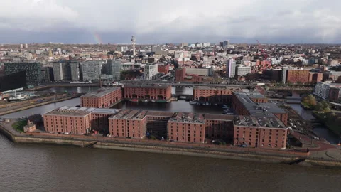 Aerial view of the Royal Albert Dock in Liverpool, United Kingdom on bright day. Stock Footage 293096929