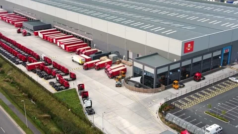 Aerial view Royal mail post distribution hub logistics lorry cargo Stock Footage 162258877