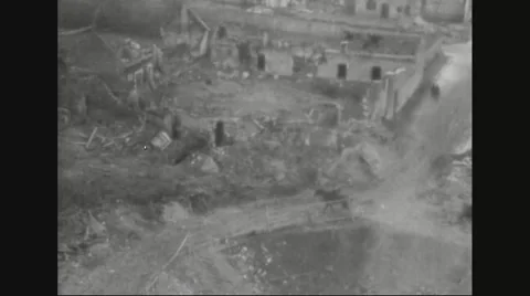 Aerial view of rubbled city Stock Footage