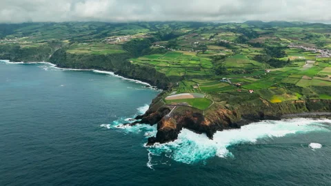 Aerial view of rugged Atlantic coastline with volcanic cliffs Stock Footage 340068512