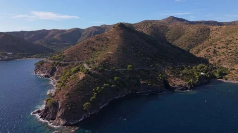 Aerial View of Rugged Coast at Cala Montjoi, Costa Brava, Spain Stock Footage 345772010
