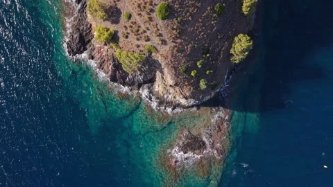 Aerial View of Rugged Coast at Cala Montjoi, Costa Brava, Spain Stock Footage 345773471